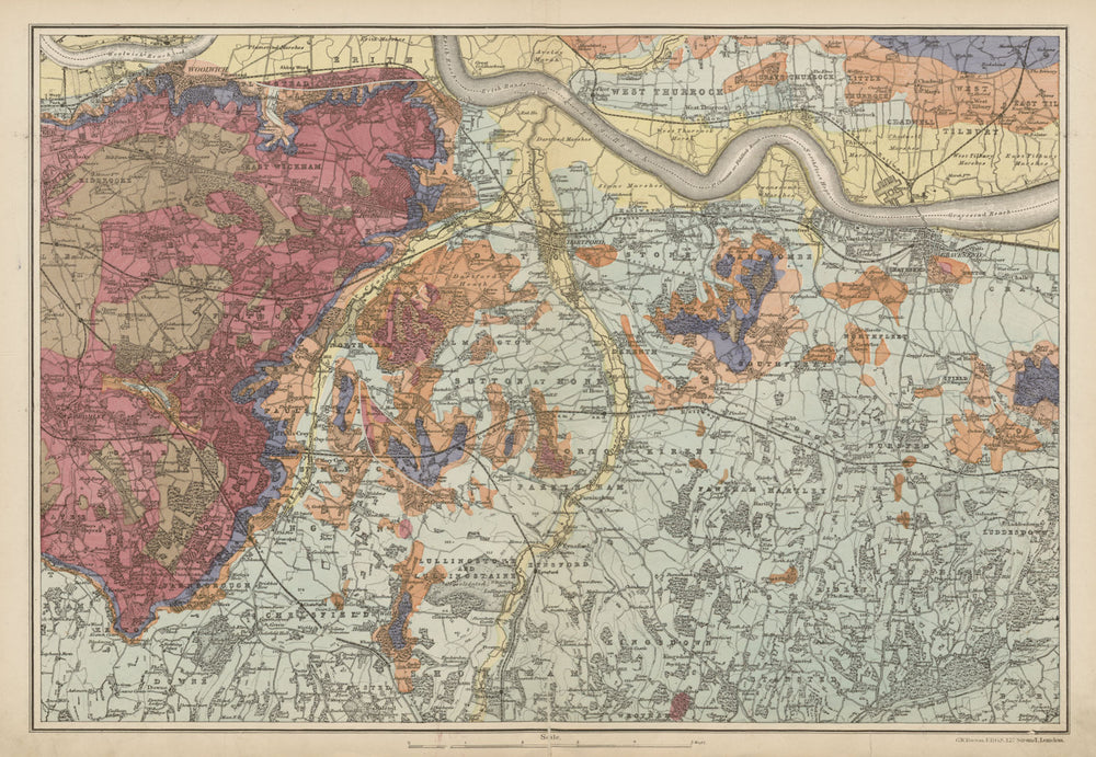 SOUTH EAST LONDON GEOLOGICAL Kent Greenwich Bexley Bromley &c. BACON c1887 map