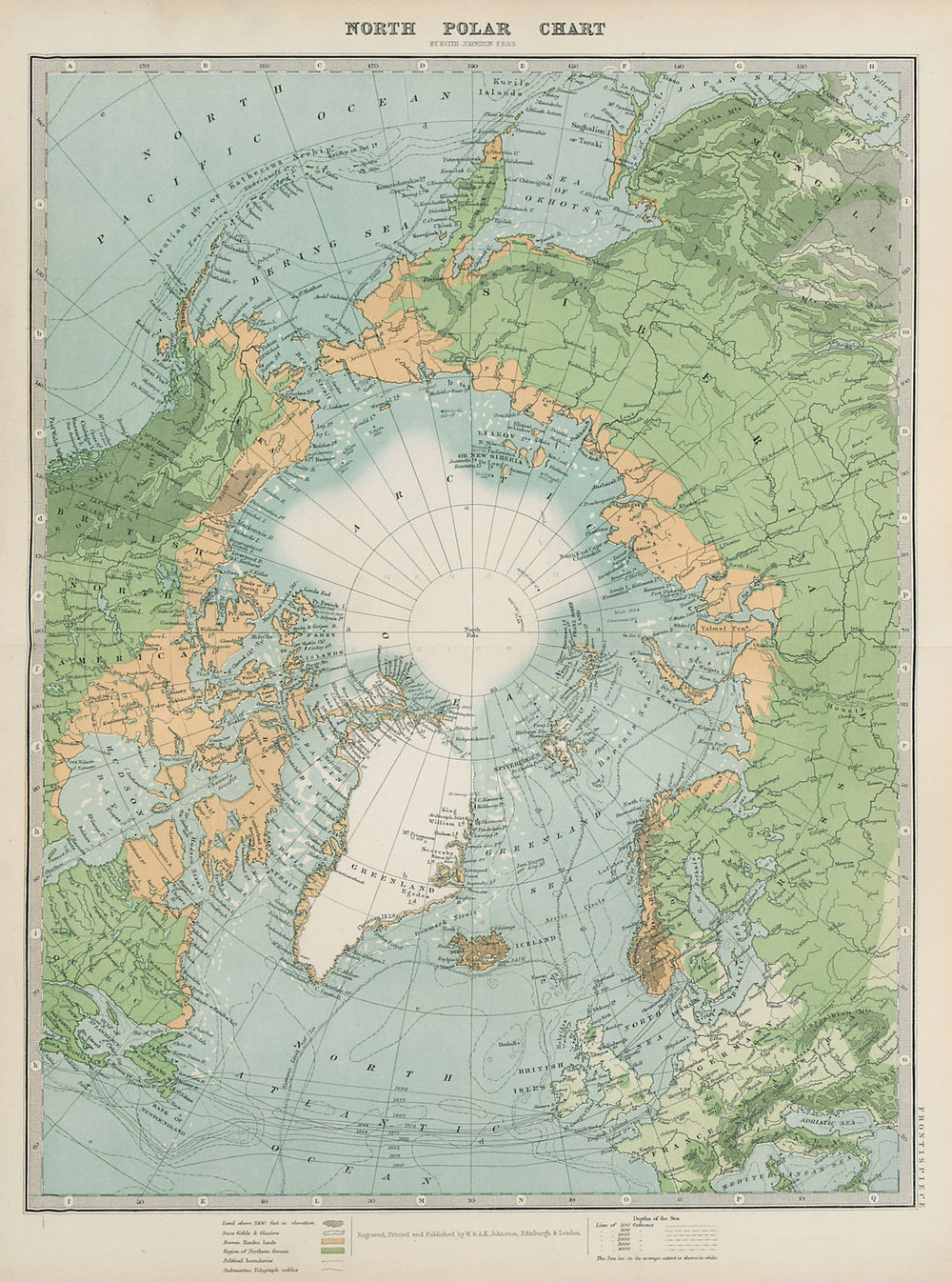 ARCTIC North Polar chart Telegraph cables Ice limit JOHNSTON 1901 old map