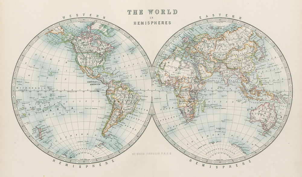 WORLD The World in Twin Hemispheres JOHNSTON 1901 old antique map plan chart