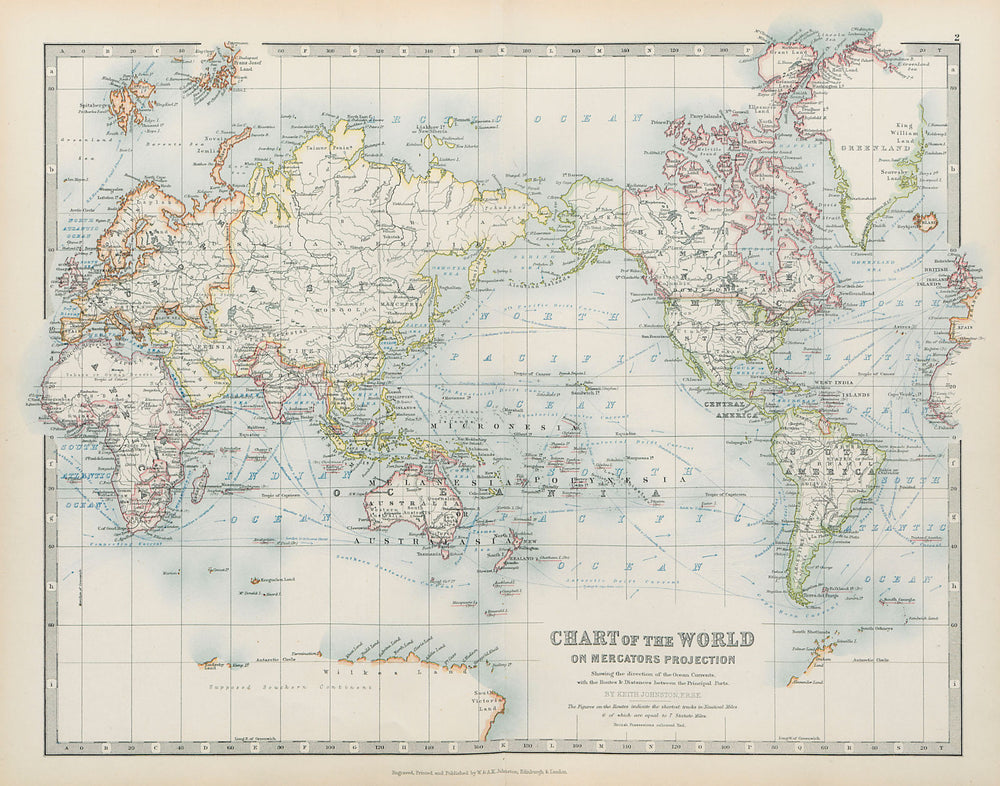 WORLD on Mercators projection Currents & shipping routes JOHNSTON 1901 old map
