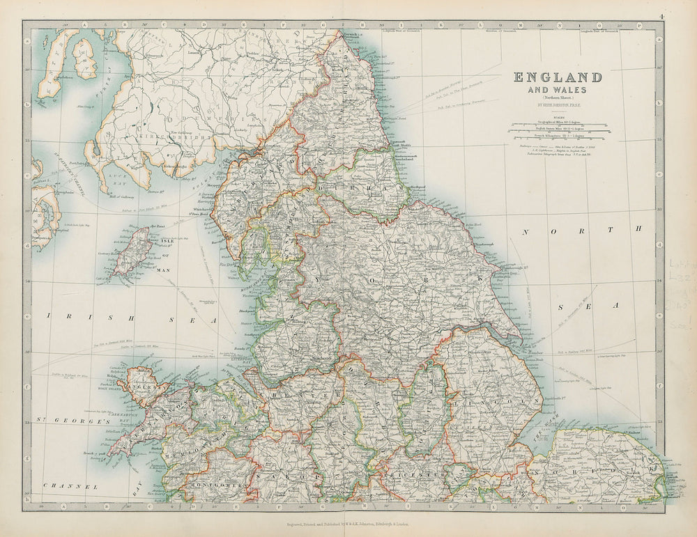 ENGLAND & WALES NORTH Showing railways canals lightships JOHNSTON 1901 old map
