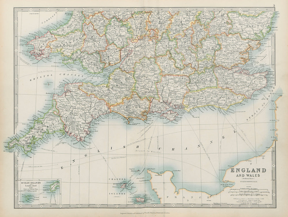 ENGLAND & WALES SOUTH Showing railways canals lightships JOHNSTON 1901 old map