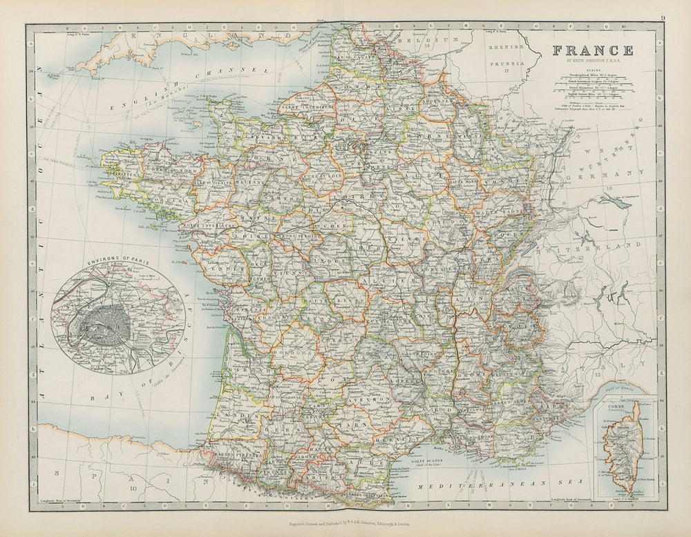 FRANCE In departements Railways canals JOHNSTON 1901 old antique map chart