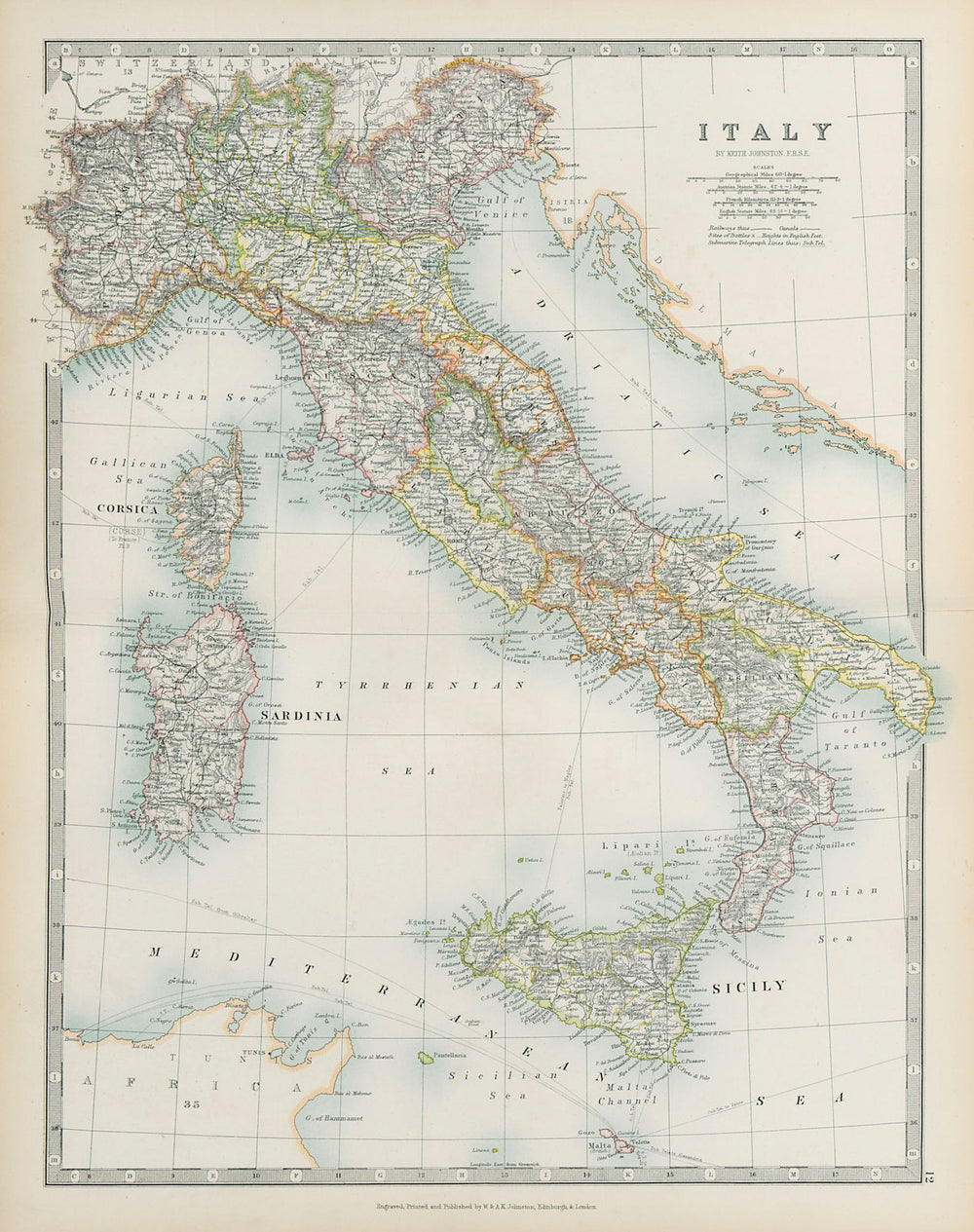 ITALY Showing regions railways canals Telegraph cables JOHNSTON 1901 old map