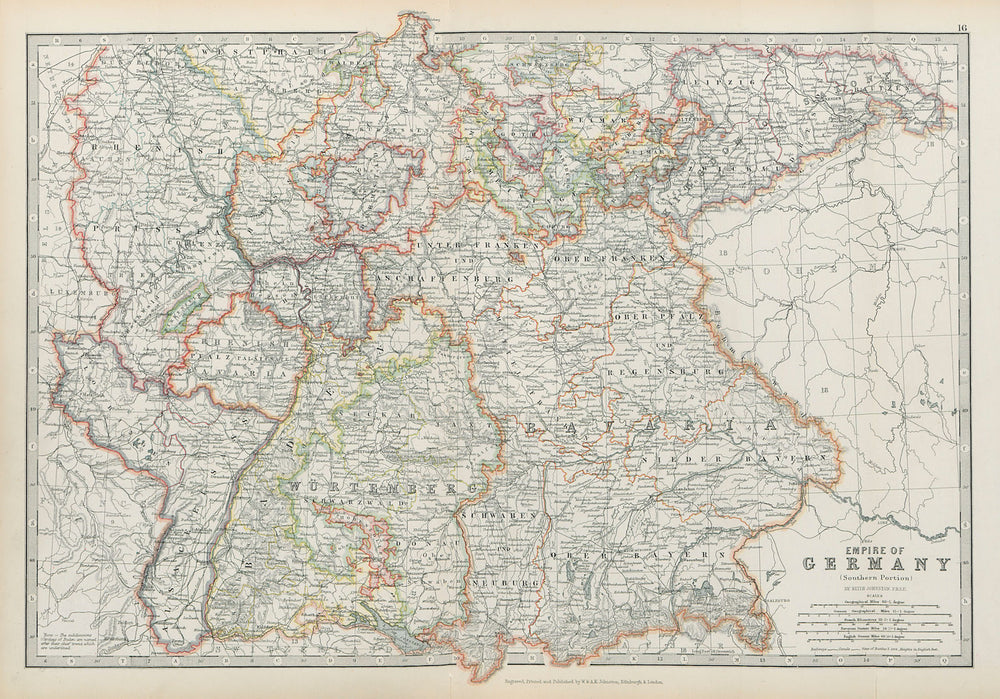 GERMAN EMPIRE SOUTH Bavaria Baden Wurttemberg Alsace/Lorraine JOHNSTON 1901 map