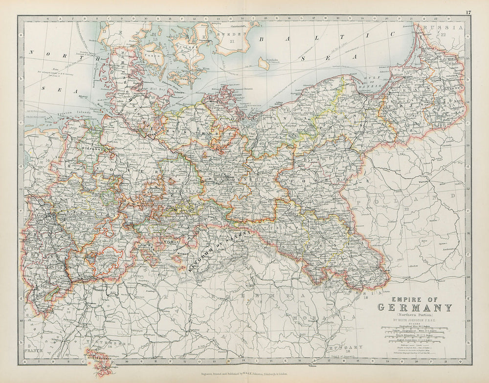 GERMAN EMPIRE NORTH Prussia Poland &c Railways Canals JOHNSTON 1901 old map