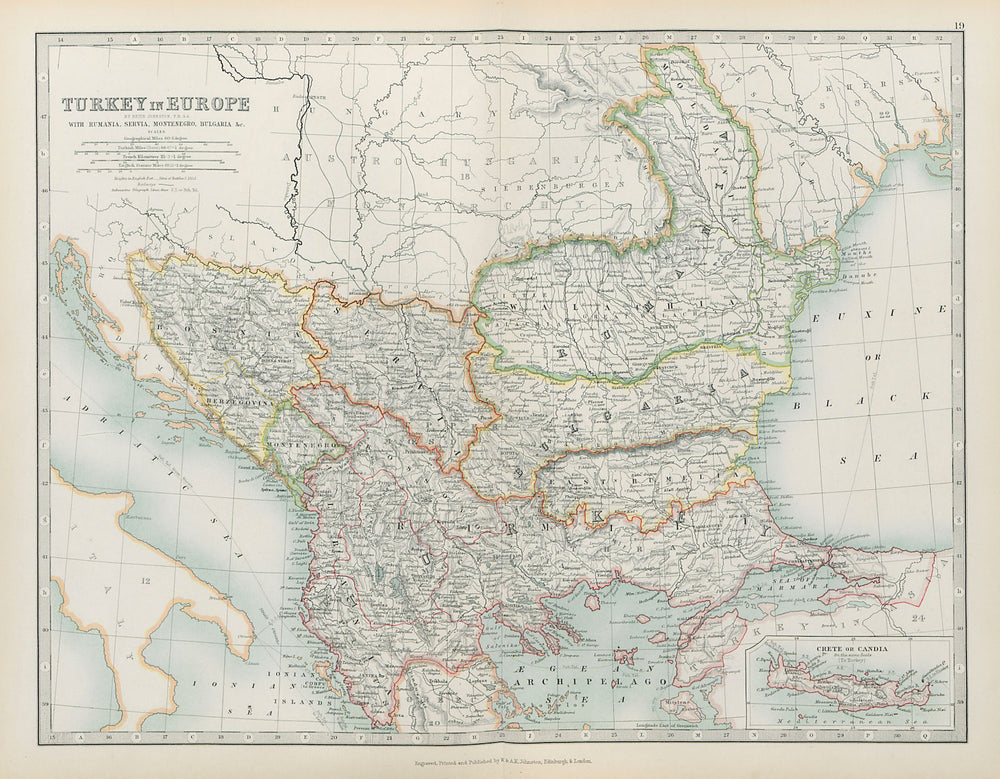 TURKEY IN EUROPE Rumania Servia Montenegro Bulgaria Balkans JOHNSTON 1901 map