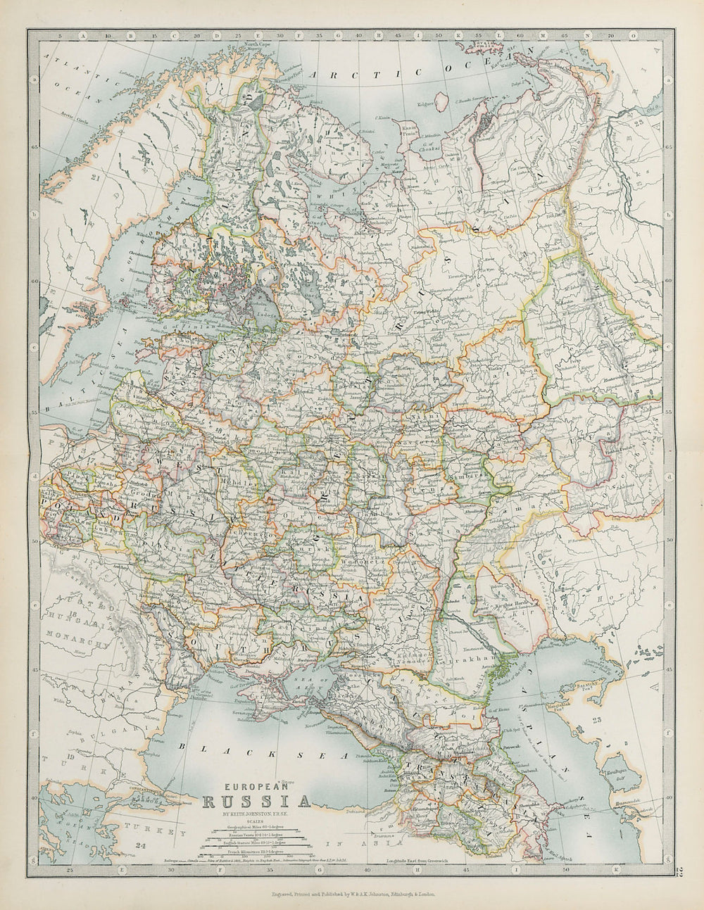 EUROPEAN RUSSIA Including Finland Caucasus Poland Ukraine JOHNSTON 1901 map