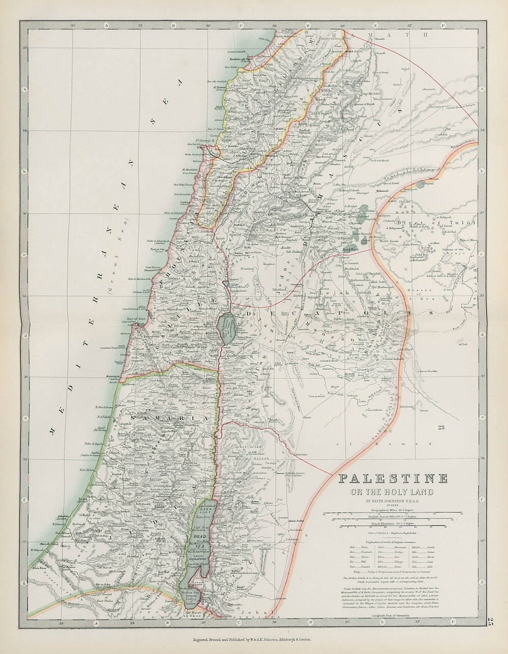 PALESTINE The Holy Land Israel Lebanon JOHNSTON 1901 old antique map chart