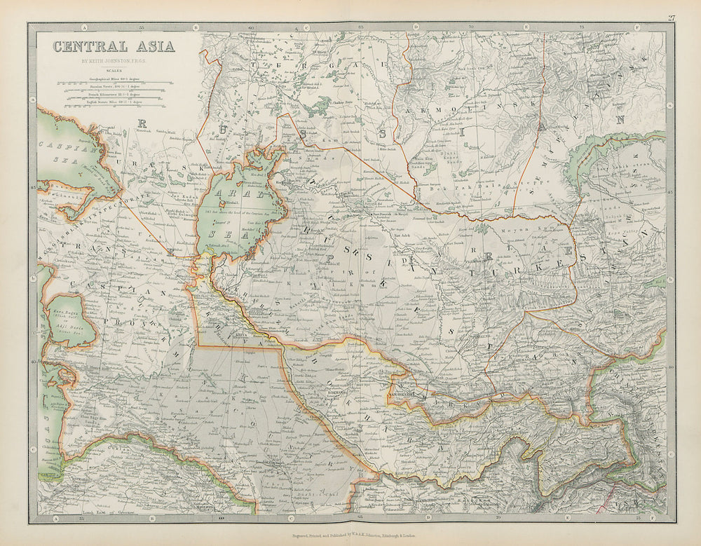 CENTRAL ASIA Russian Turkestan Khiva Bokhara Aral Sea JOHNSTON 1901 old map