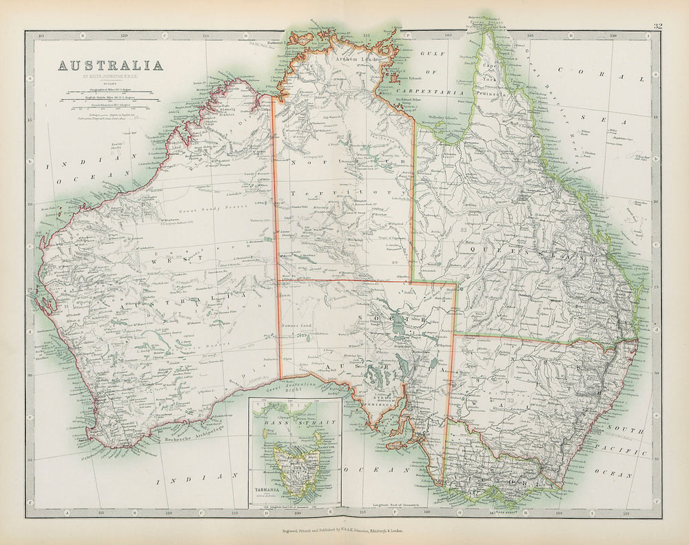 AUSTRALIA Showing explorers' routes with dates Railways JOHNSTON 1901 old map
