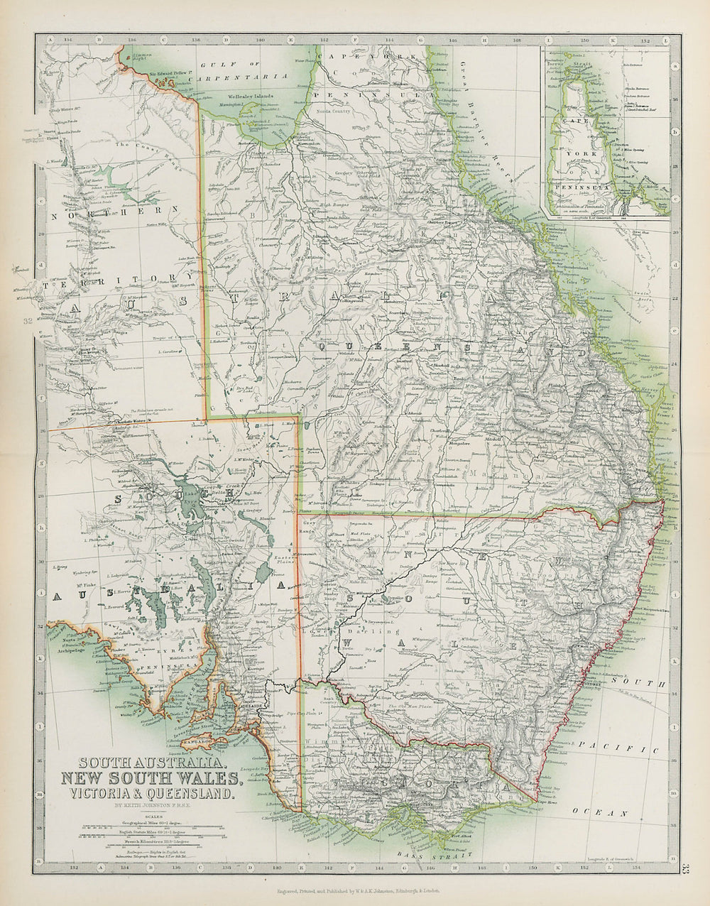 EASTERN AUSTRALIA New South Wales Victoria Queensland NT JOHNSTON 1901 old map
