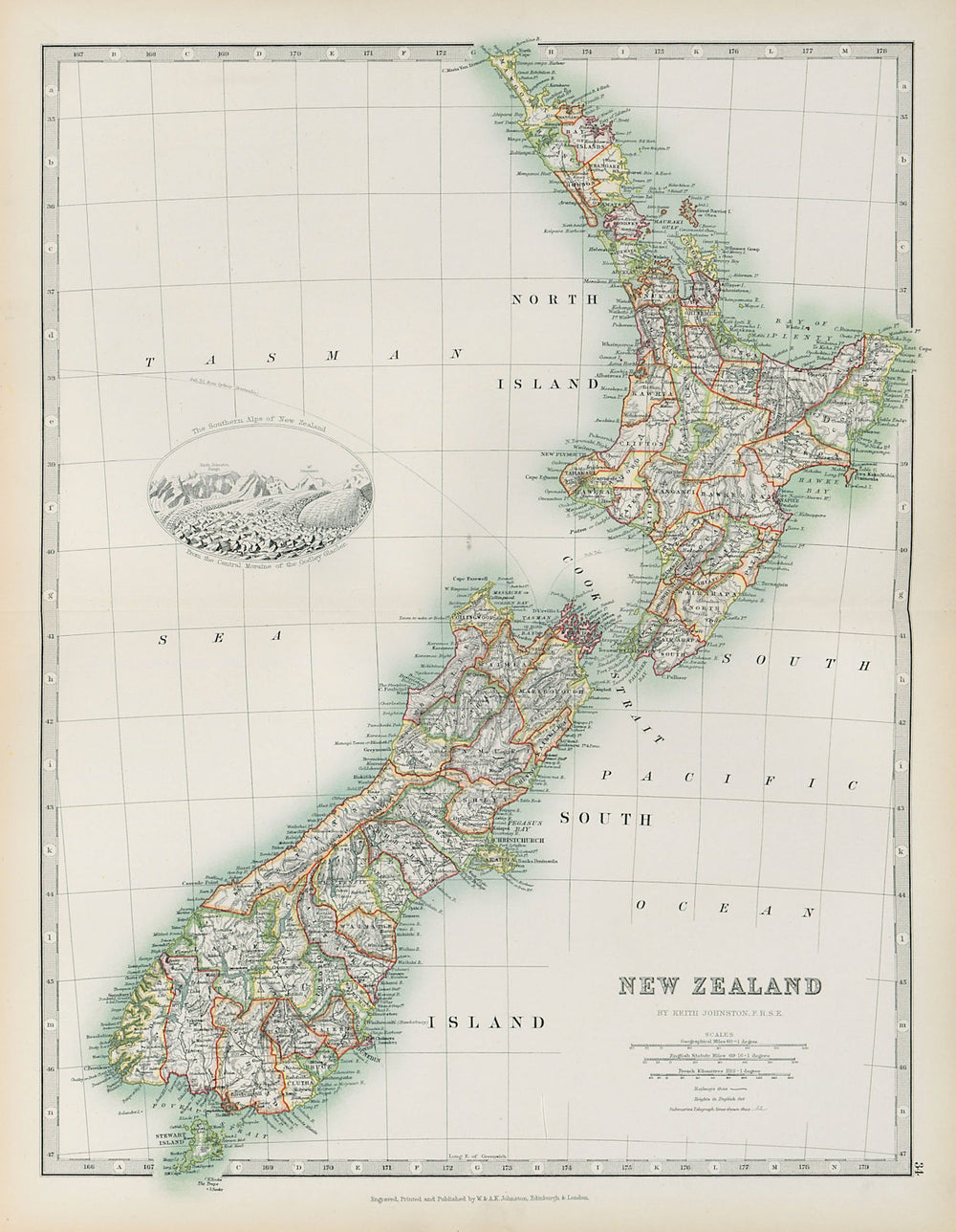 NEW ZEALAND Southern Alps & Godley Glacier vignette Counties JOHNSTON 1901 map