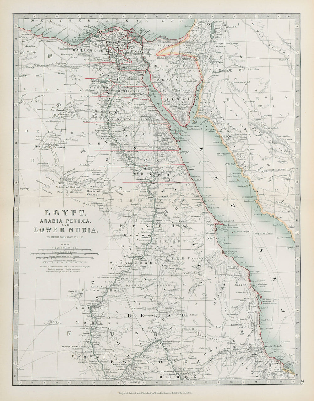 NILE VALLEY Egypt, Arabia Petraea and Lower Nubia Divisions JOHNSTON 1901 map