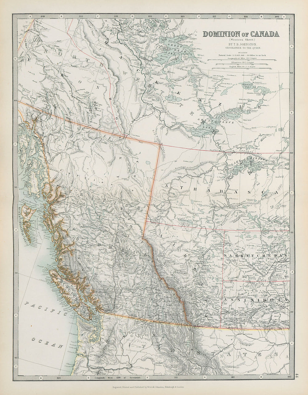 CANADA WEST British Columbia Alberta Assiniboia Mackenzie JOHNSTON 1901 map