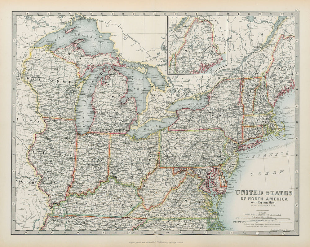 USA NORTH EAST New England Mid West Mid Atlantic JOHNSTON 1901 old antique map