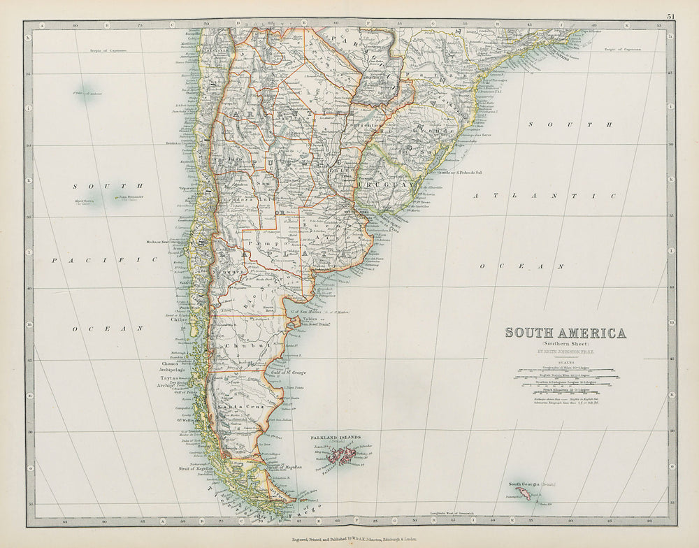 SOUTH AMERICA SOUTHERN Chile Argentina Paraguay Uruguay JOHNSTON 1901 old map