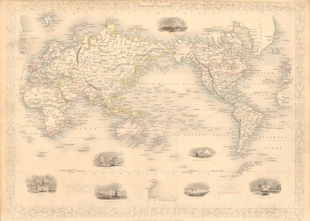 WORLD MERCATOR showing mail routes to British colonies. RAPKIN/TALLIS 1851 map