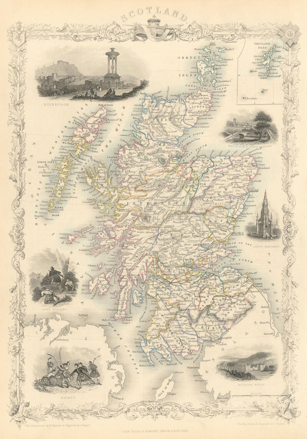 SCOTLAND Edinburgh, Holyrood & Shinty views. Counties. TALLIS & RAPKIN 1851 map