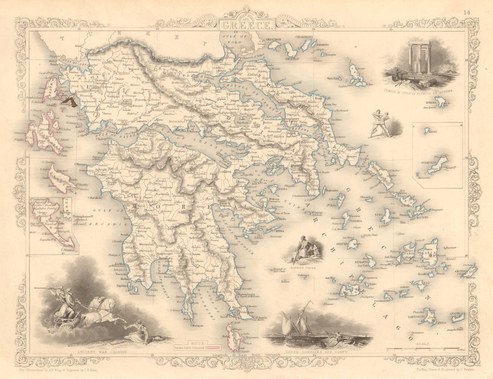 GREECE with United States of the Ionian Islands in pink. RAPKIN/TALLIS 1851 map