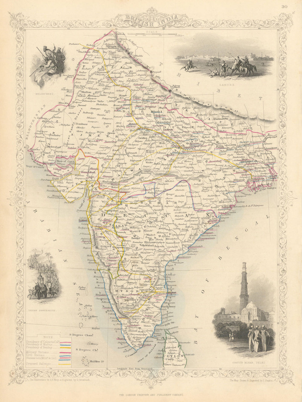 BRITISH INDIA showing military bases & proposed railways. RAPKIN/TALLIS 1851 map