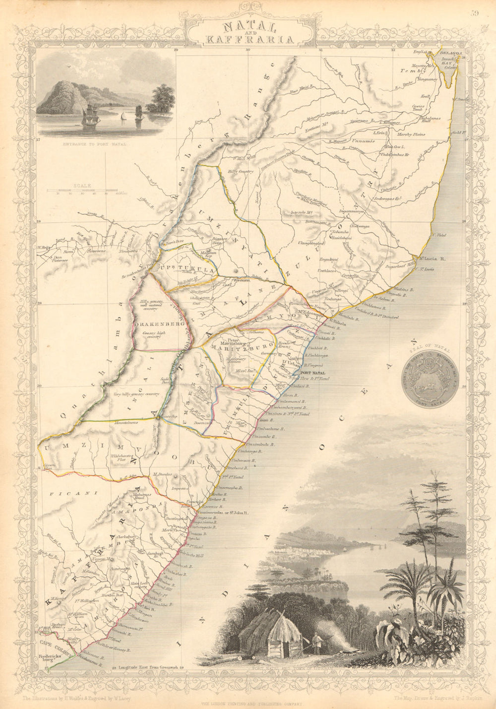 NATAL & KAFFRARIA. South Africa. Eastern Cape & Durban. TALLIS & RAPKIN 1851 map