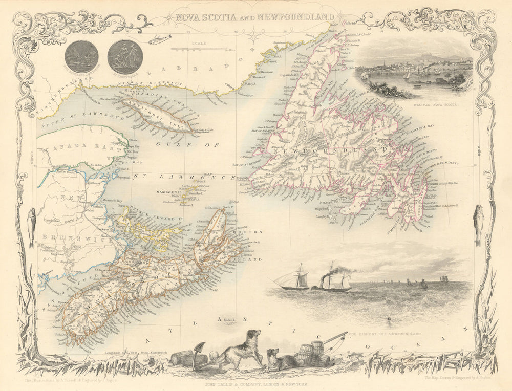 NOVA SCOTIA & NEWFOUNDLAND. Atlantic Canada. Maritimes. TALLIS/RAPKIN 1851 map