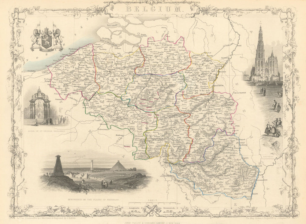 BELGIUM & Luxembourg. Napoleonic battlefields marked. TALLIS & RAPKIN 1851 map