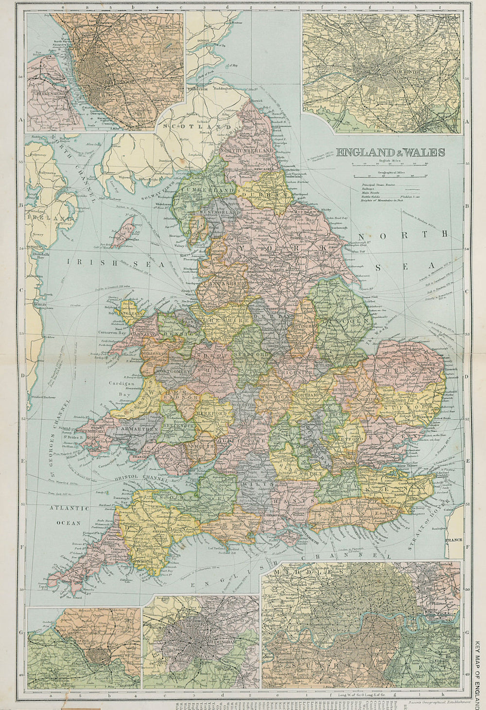 ENGLAND & WALES. Liverpool Manchester Bristol Birmingham London. BACON 1900 map