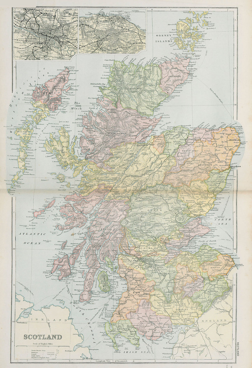 Edinburgh Inset Map SCOTLAND. inset Glasgow & Edinburgh. BACON 1900 old antique map plan ...
