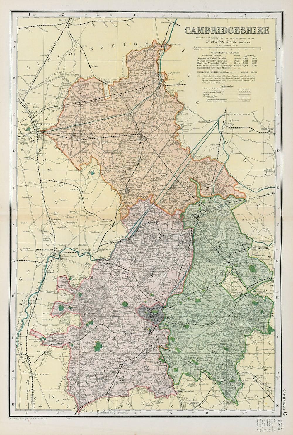 CAMBRIDGESHIRE.Showing Parliamentary divisions,boroughs & parks.BACON 1900 map
