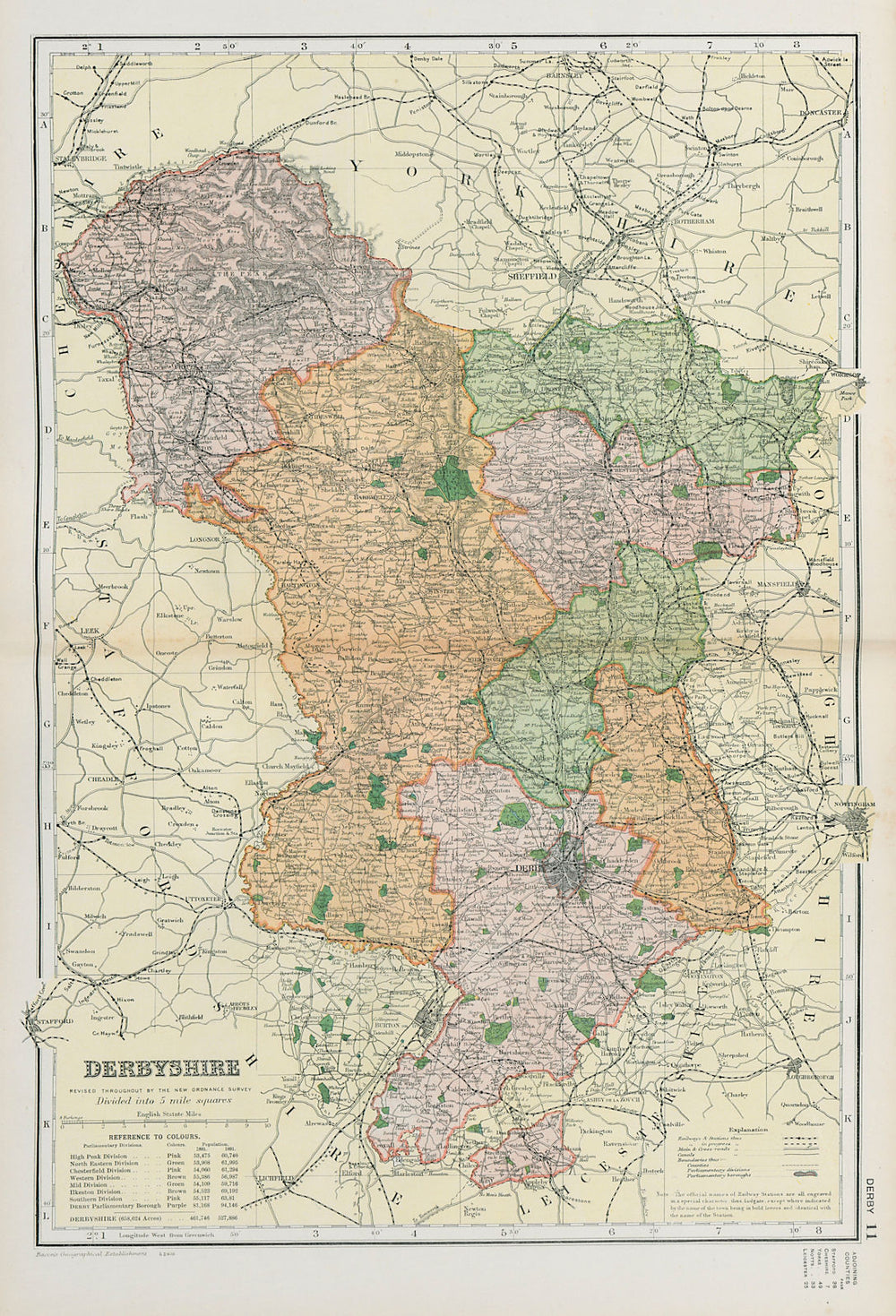 DERBYSHIRE. Showing Parliamentary divisions, boroughs & parks. BACON 1900 map