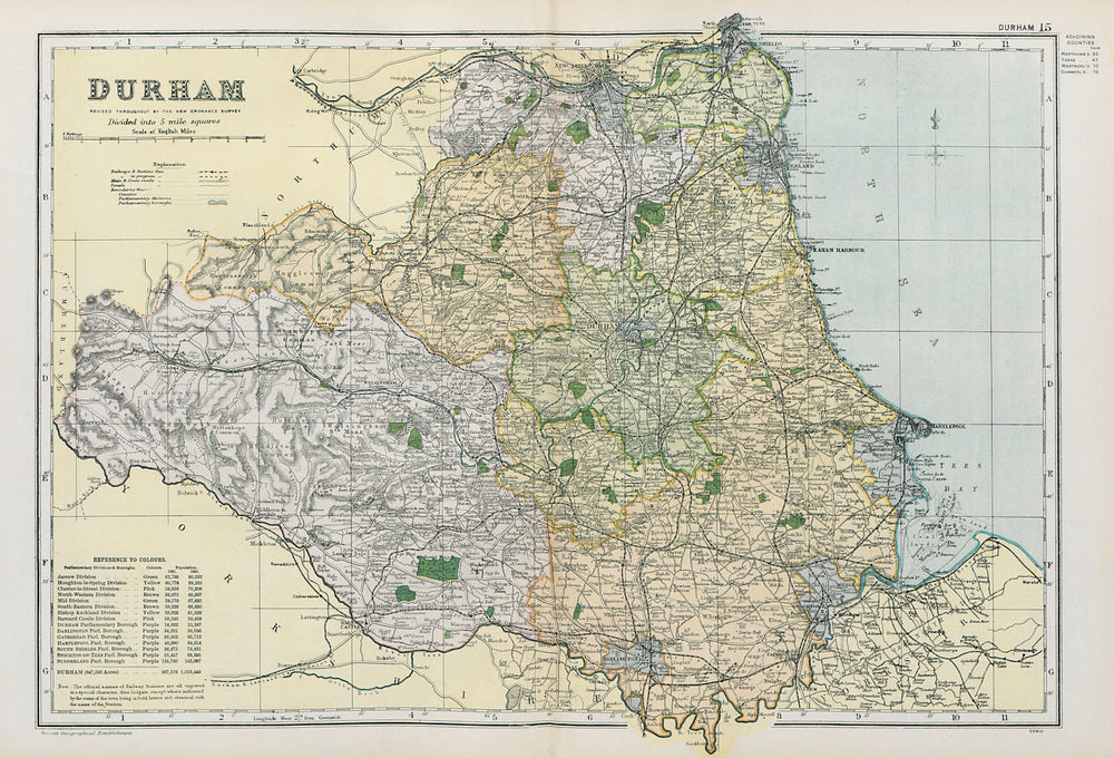 DURHAM. Showing Parliamentary divisions, boroughs & parks. BACON 1900 old map