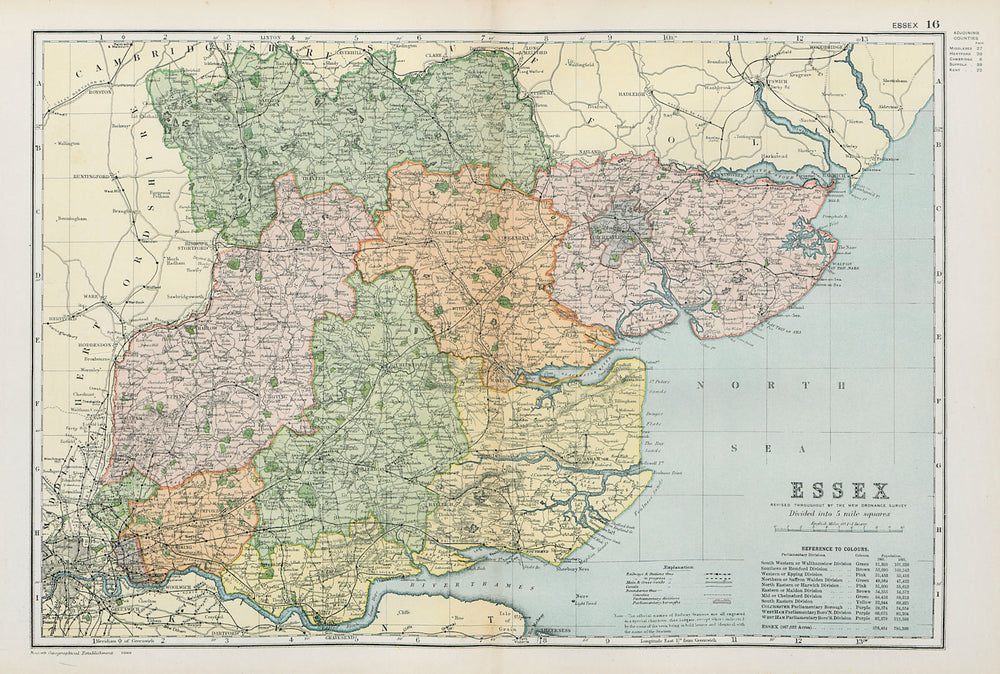 ESSEX. Showing Parliamentary divisions, boroughs & parks. BACON 1900 old map