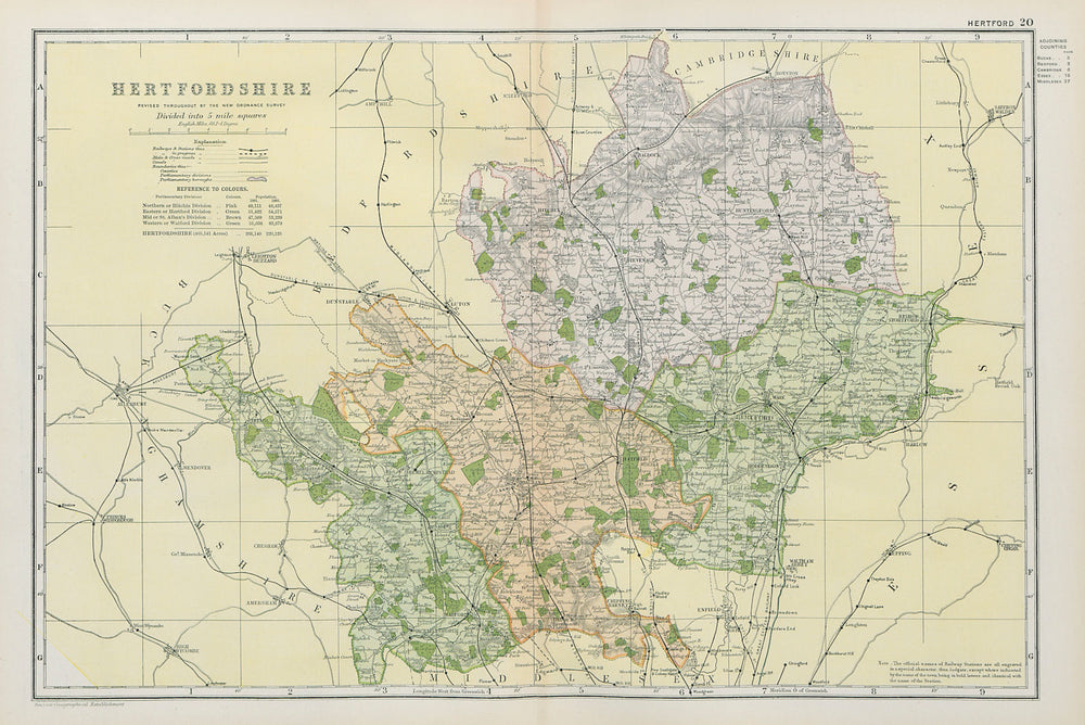 HERTFORDSHIRE. Showing Parliamentary divisions, boroughs & parks. BACON 1900 map