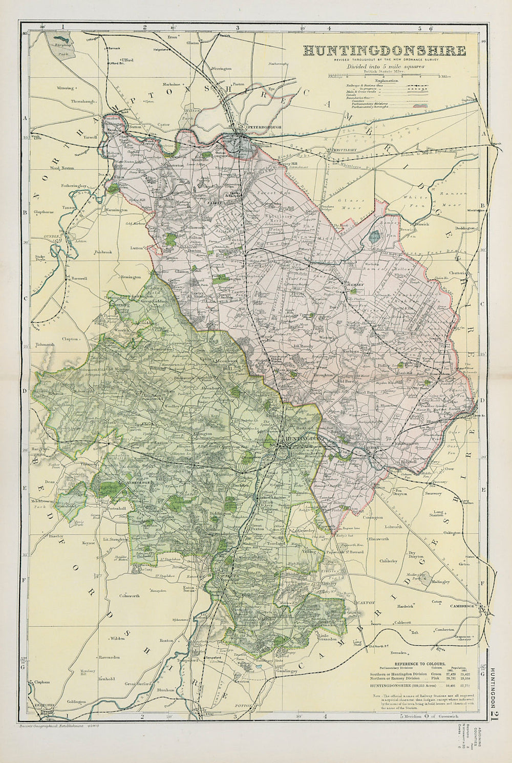 HUNTINGDONSHIRE.Showing Parliamentary divisions,boroughs & parks.BACON 1900 map