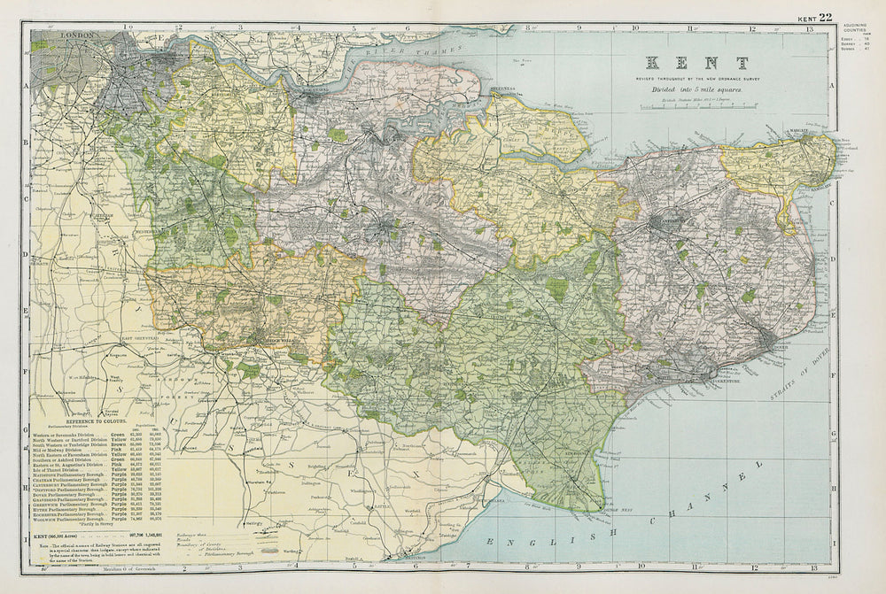 KENT. Showing Parliamentary divisions, boroughs & parks. BACON 1900 old map