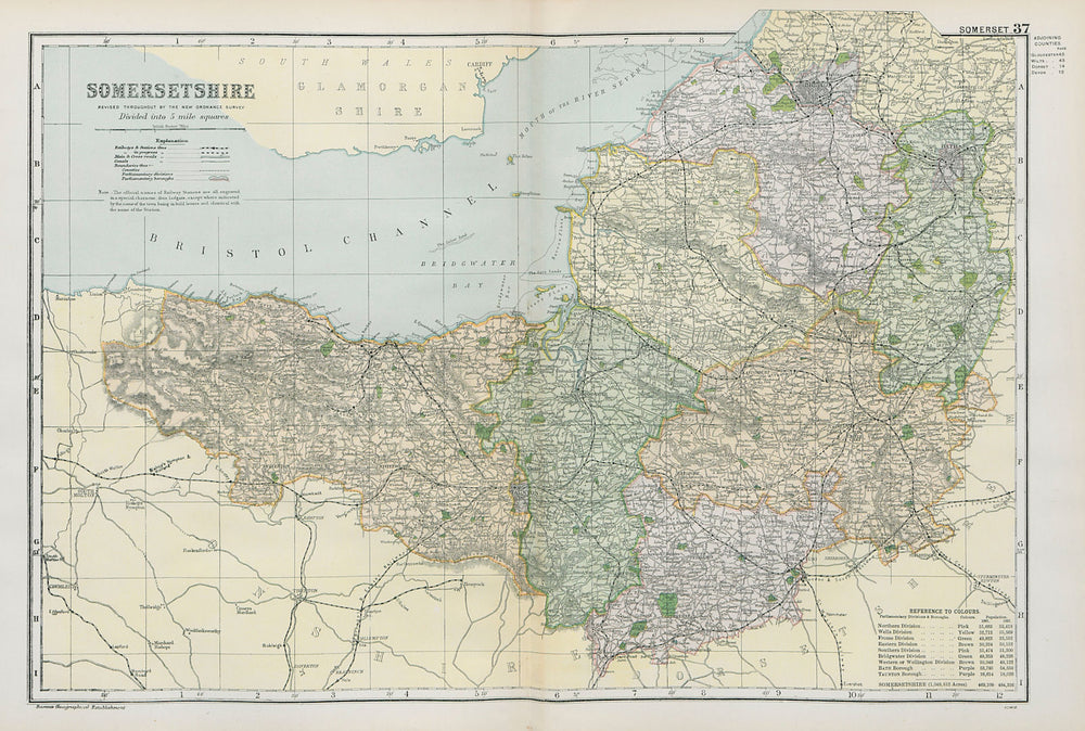 SOMERSETSHIRE. Showing Parliamentary divisions, boroughs & parks. BACON 1900 map
