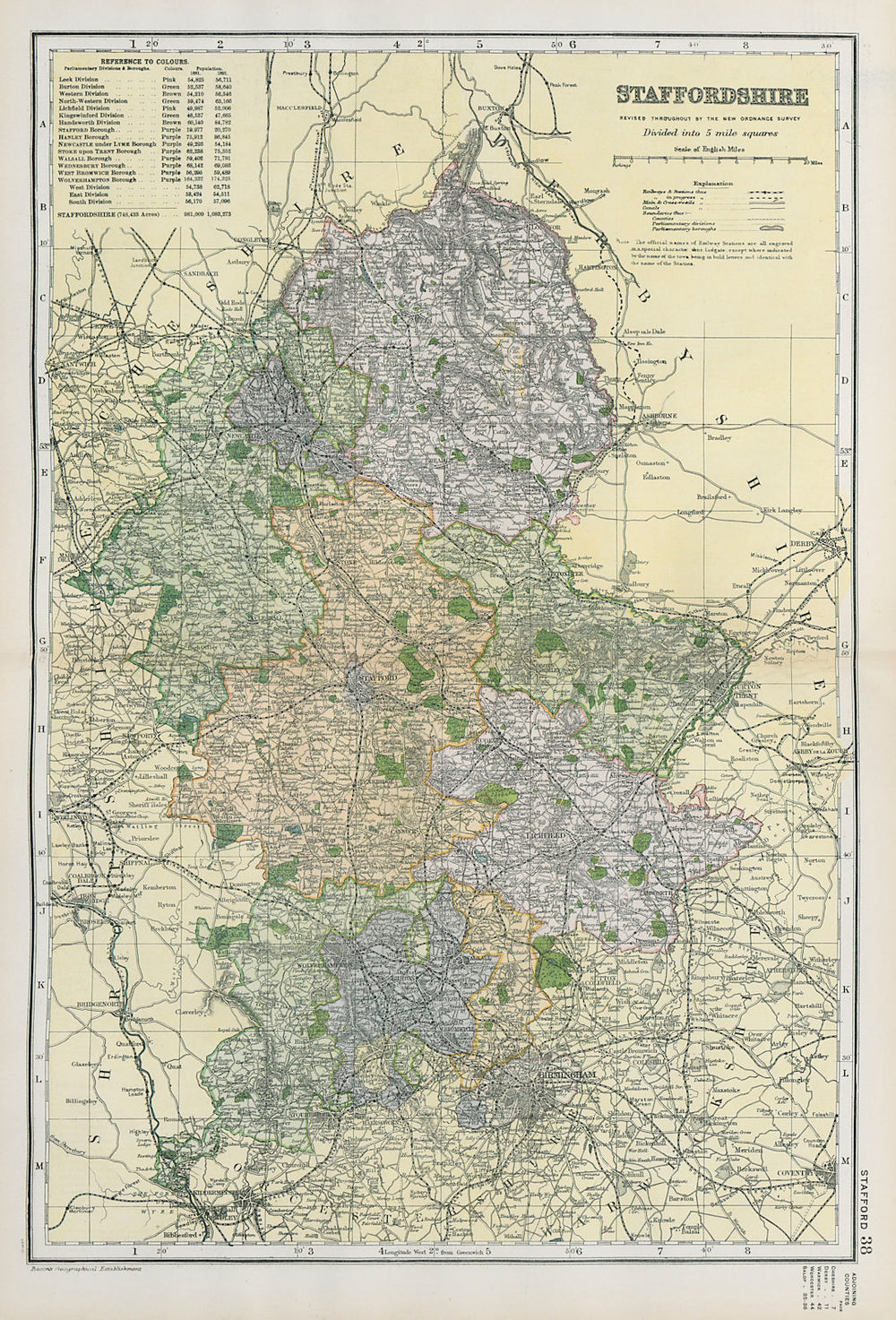 STAFFORDSHIRE. Showing Parliamentary divisions, boroughs & parks. BACON 1900 map