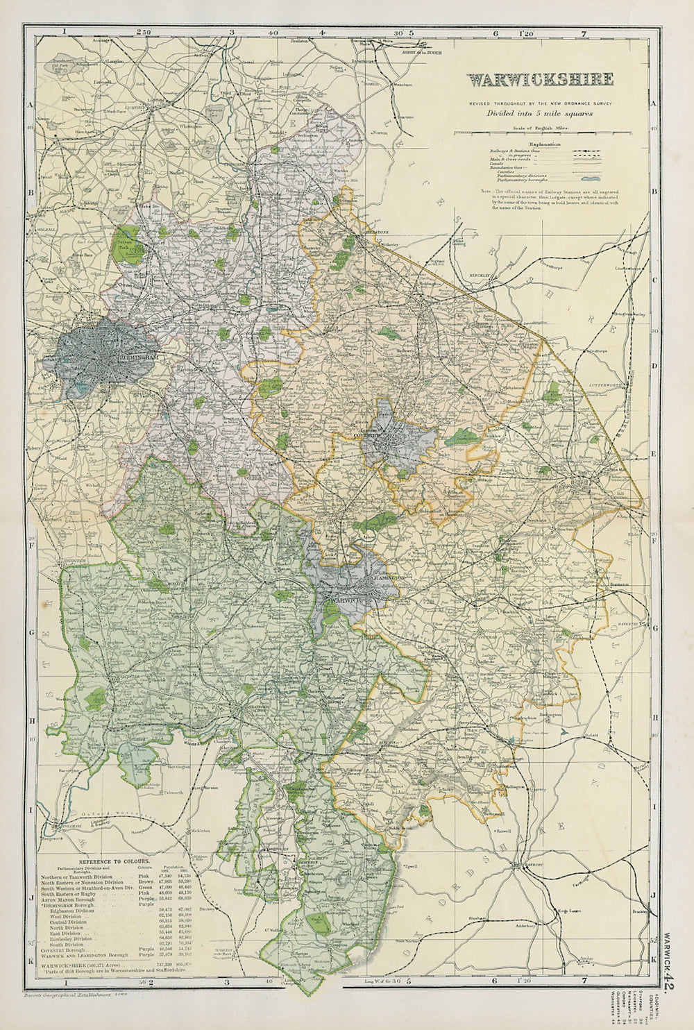 WARWICKSHIRE. Showing Parliamentary divisions, boroughs & parks. BACON 1900 map