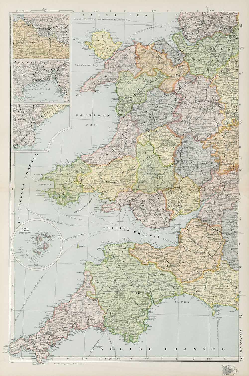 WALES & SOUTH WEST ENGLAND. inset Bristol Swansea Cardiff. BACON 1900 old map