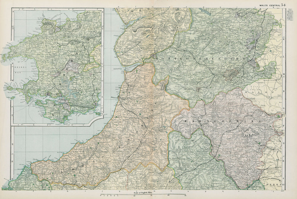 CENTRAL WALES. Cardigan/Montgomery/Radnor/Pembrokeshire. BACON 1900 old map