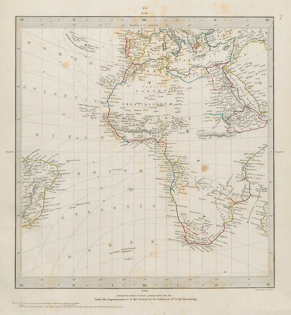 AFRICA Brazil Atlantic Gnomonic Projection Mountains of Kong SDUK 1844 old map