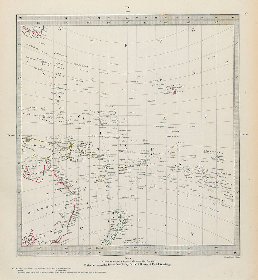 AUSTRALASIA POLYNESIA PACIFIC OCEAN NZ Gnomonic Projection SDUK 1844 old map
