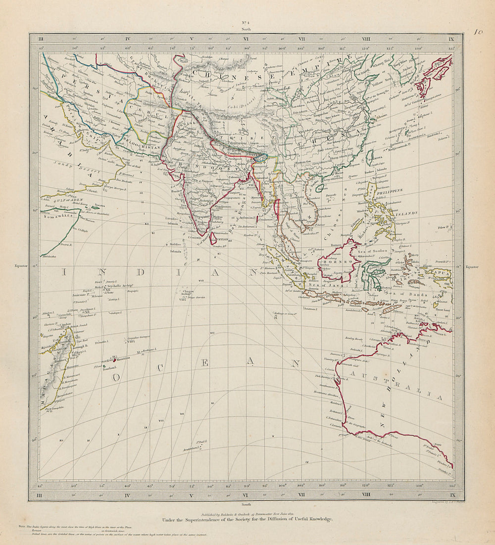 SOUTH ASIA AUSTRALIA Indian Ocean Gnomonic Projection China SDUK 1844 old map