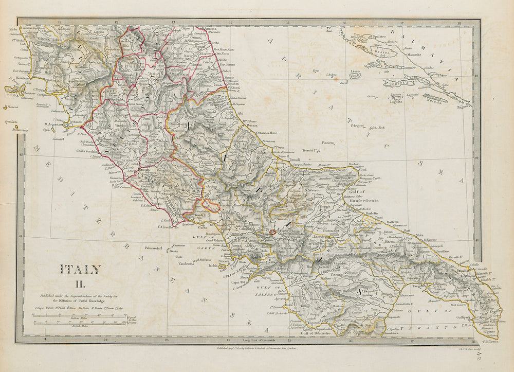 SOUTHERN ITALY Papal States Naples Tuscany Original hand colour SDUK 1844 map