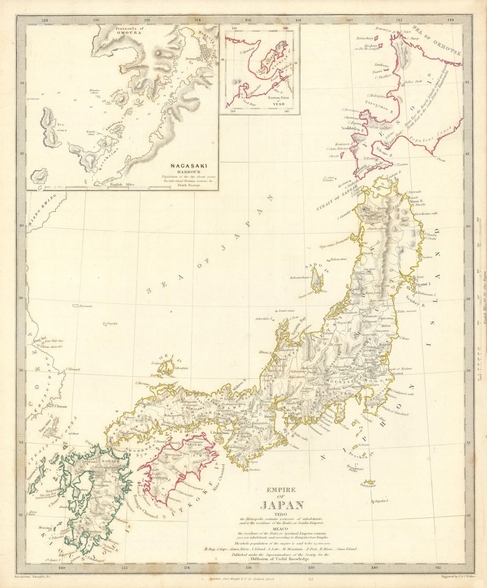 EMPIRE OF JAPAN  Nagasaki Harbour Yeso Niphon Nippon SDUK 1844 old antique map