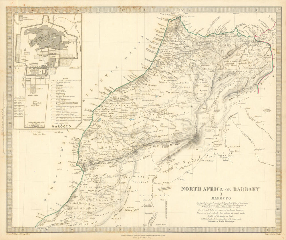 MOROCCO 'North Africa or Barbary' Marocco Marrakech city plan SDUK 1844 map
