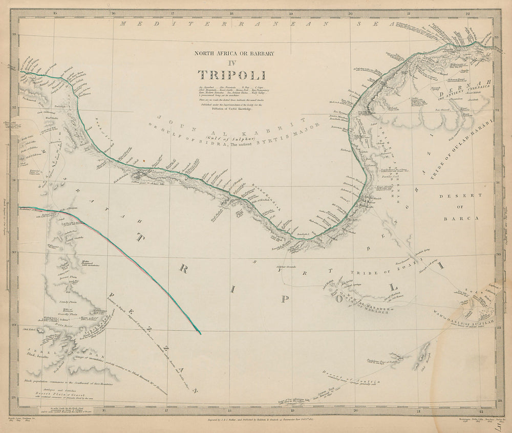 NORTH AFRICA or BARBARY. Tripoli. Libya Gulf of Sidra Sirte Fezzan SDUK 1844 map