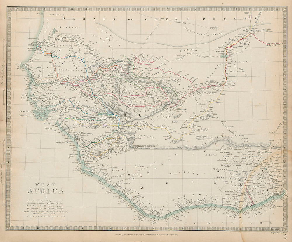 WEST AFRICA early explorers' & caravan routes. Mountains of Kong SDUK 1844 map